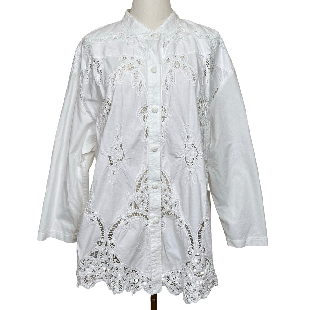 Lim's Vintage White Eyelet Lace Button Up Shirt Women 1X Cottage Boho Coastal